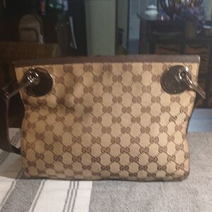 Authentic Gucci Eclipse Shoulder Crossbody Bag GG Canvas Leather Brown